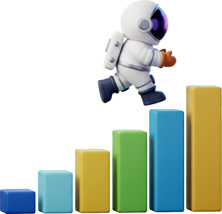 Scale up or down for Shopify development and design projects, depicted by a colorful 3D bar chart