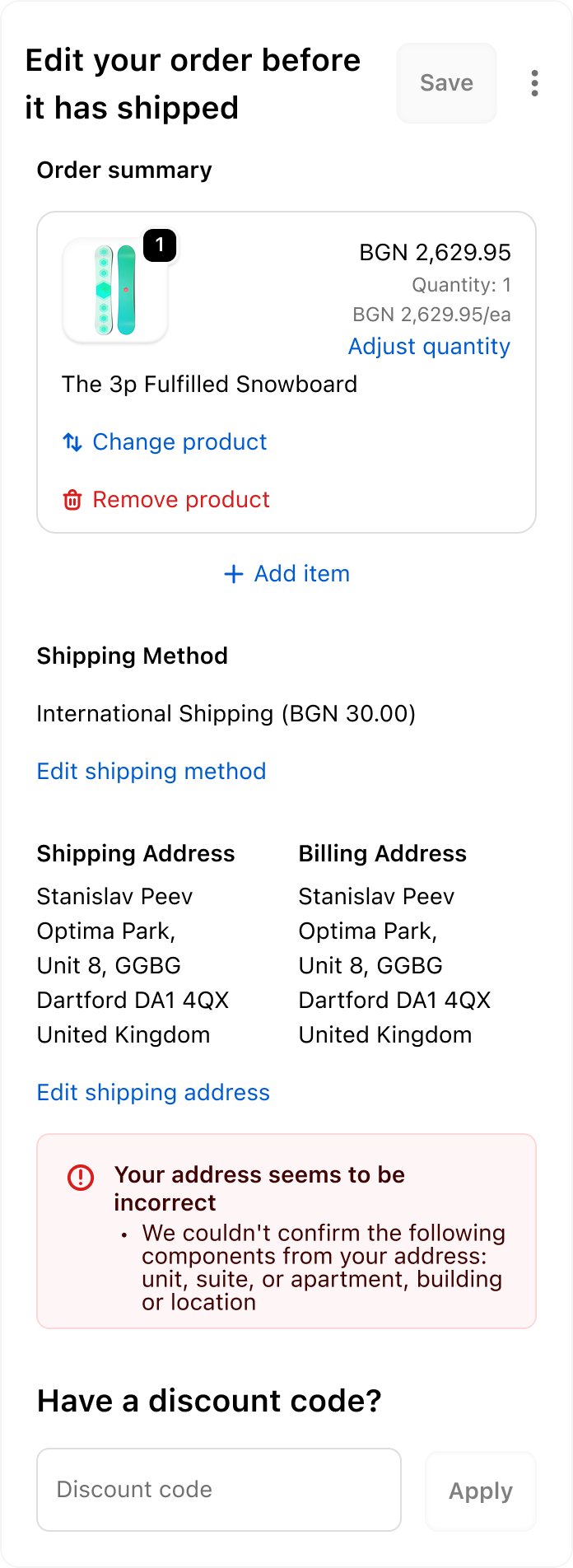SelfServe order editing on the Shopify order status page, on a phone