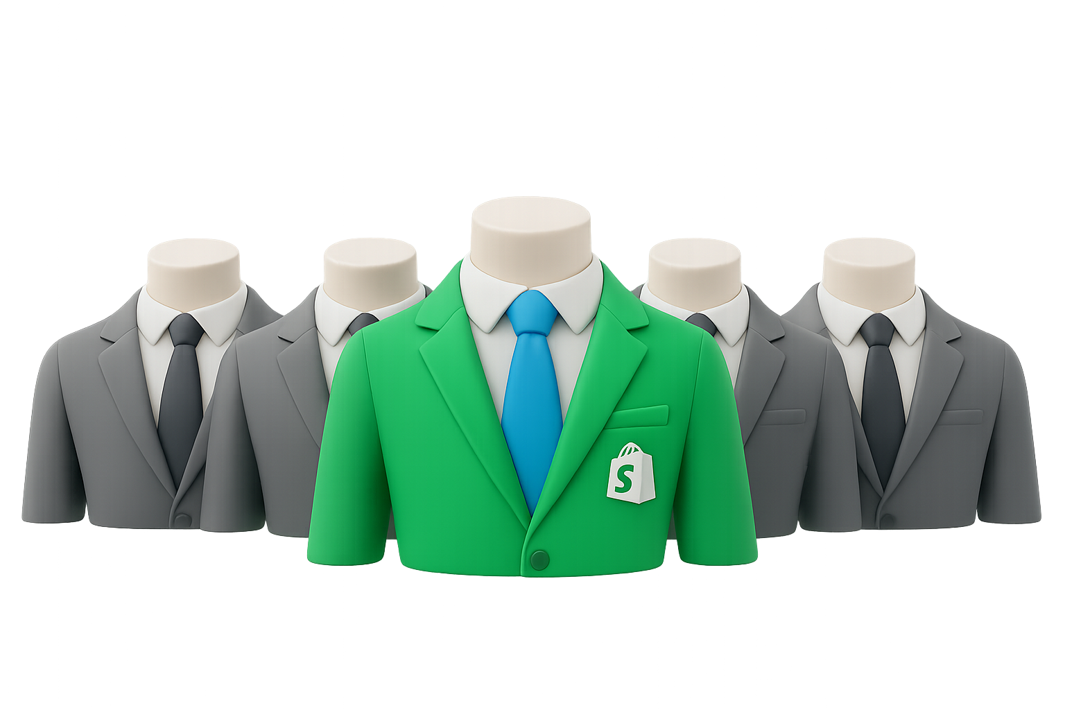 Green suit standing out from generic grey suits behind, depicting the client's custom developed Shopify app tailored for him
