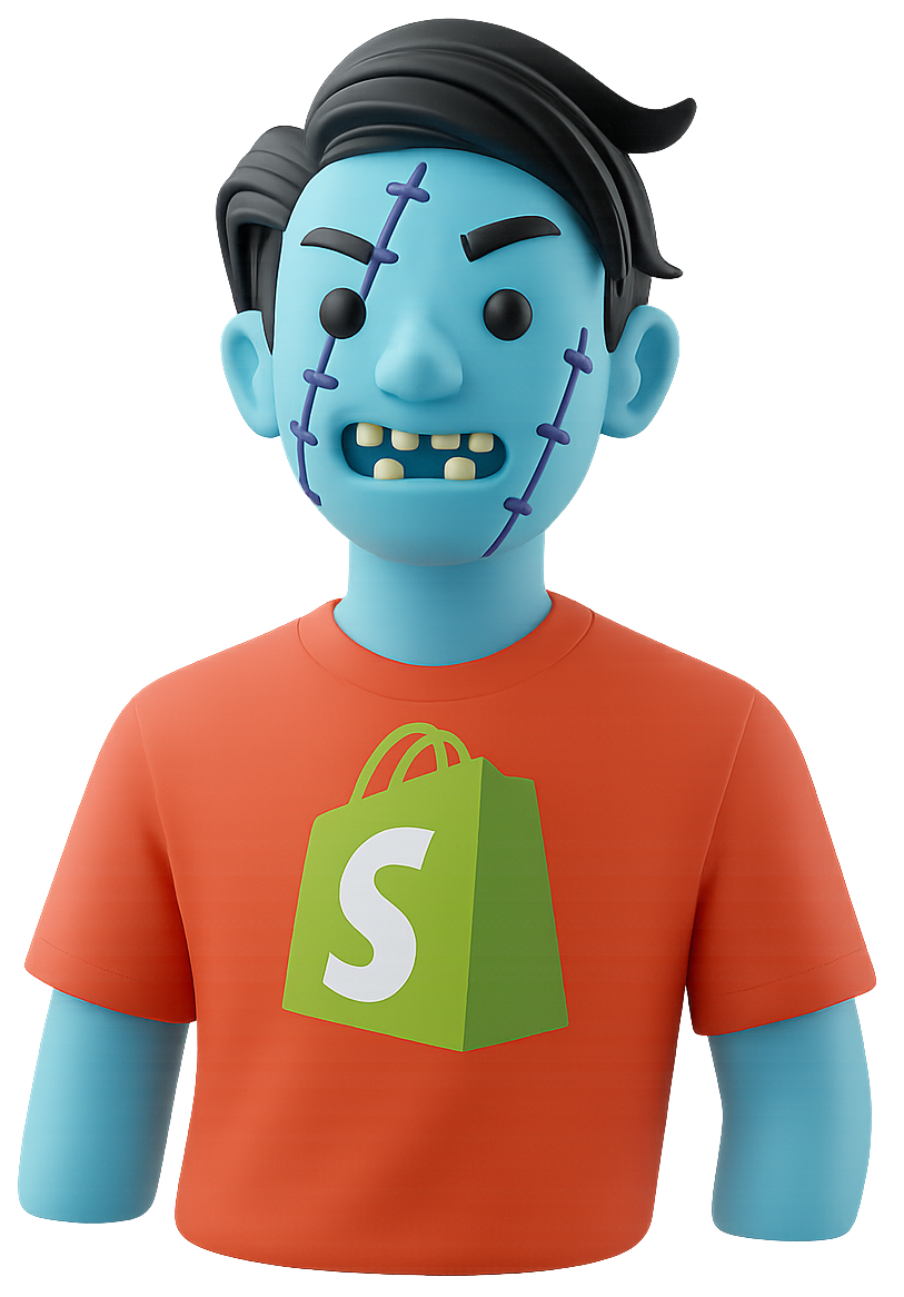 Frankestein wearing a t-shirt with the Shopify logo on it