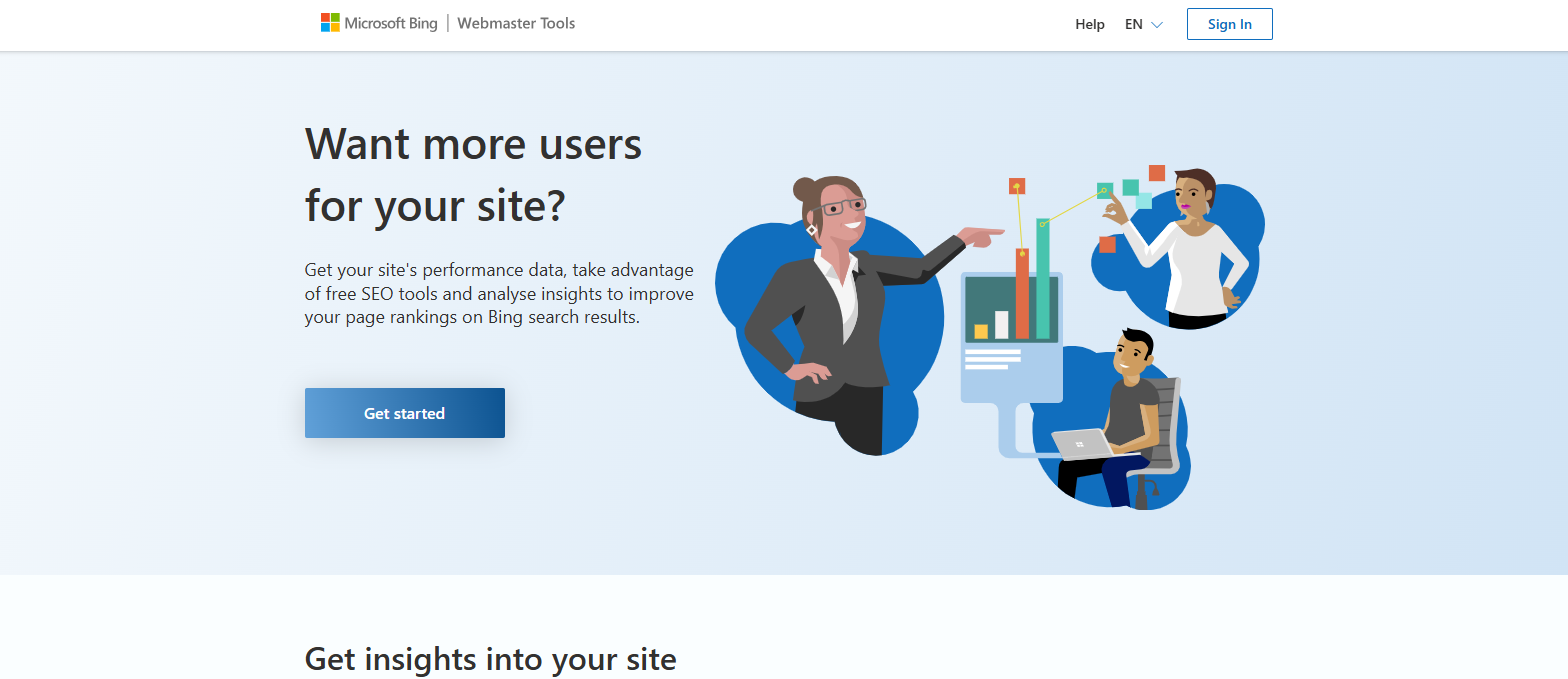 Bing webmaster tools landing page