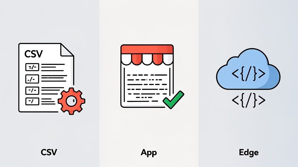 Three icons: a CSV file with a gear, an app with a checkmark, and a cloud with code tags, representing different system types.
