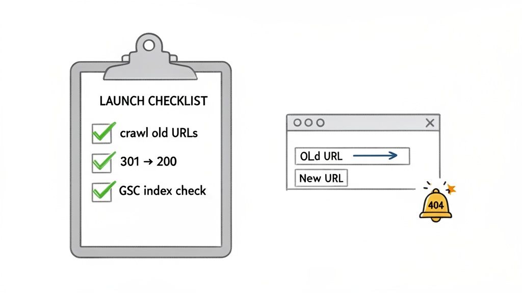 SEO launch checklist with crawl, 301 redirects to 200, GSC index check, preventing 404 errors.