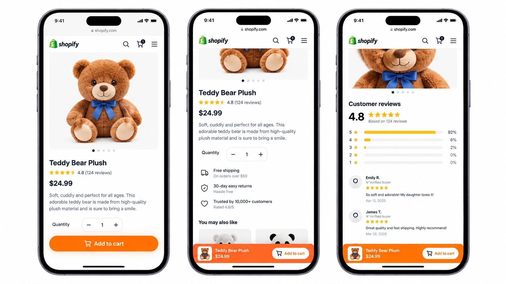 Three mobile phone screens displaying a product page for a teddy bear plush with add to cart buttons.