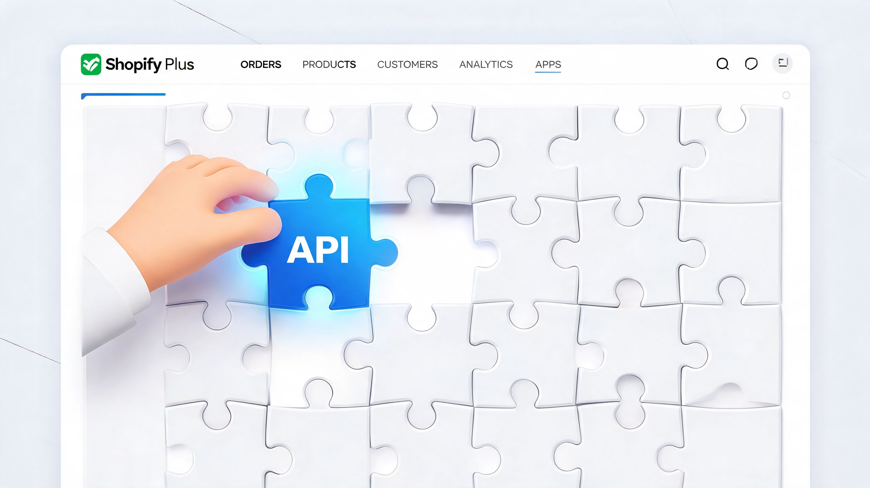 A 3D illustration of a hand placing a blue API puzzle piece into a white puzzle board.