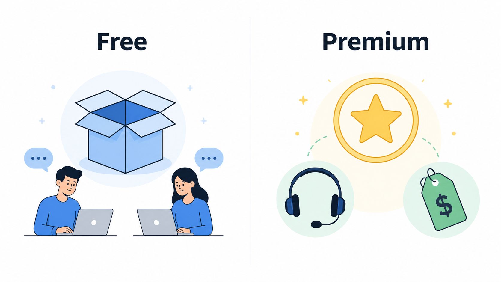An illustration contrasting free services with a box icon against premium features with support and pricing icons.