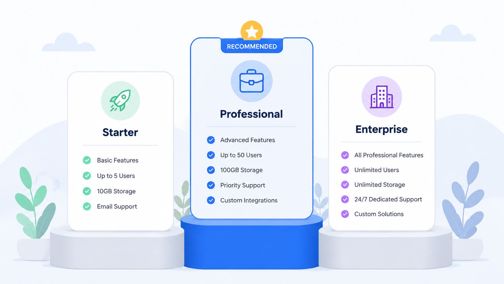 A comparison chart showing three pricing tiers: Starter, Professional, and Enterprise for software subscription plans.