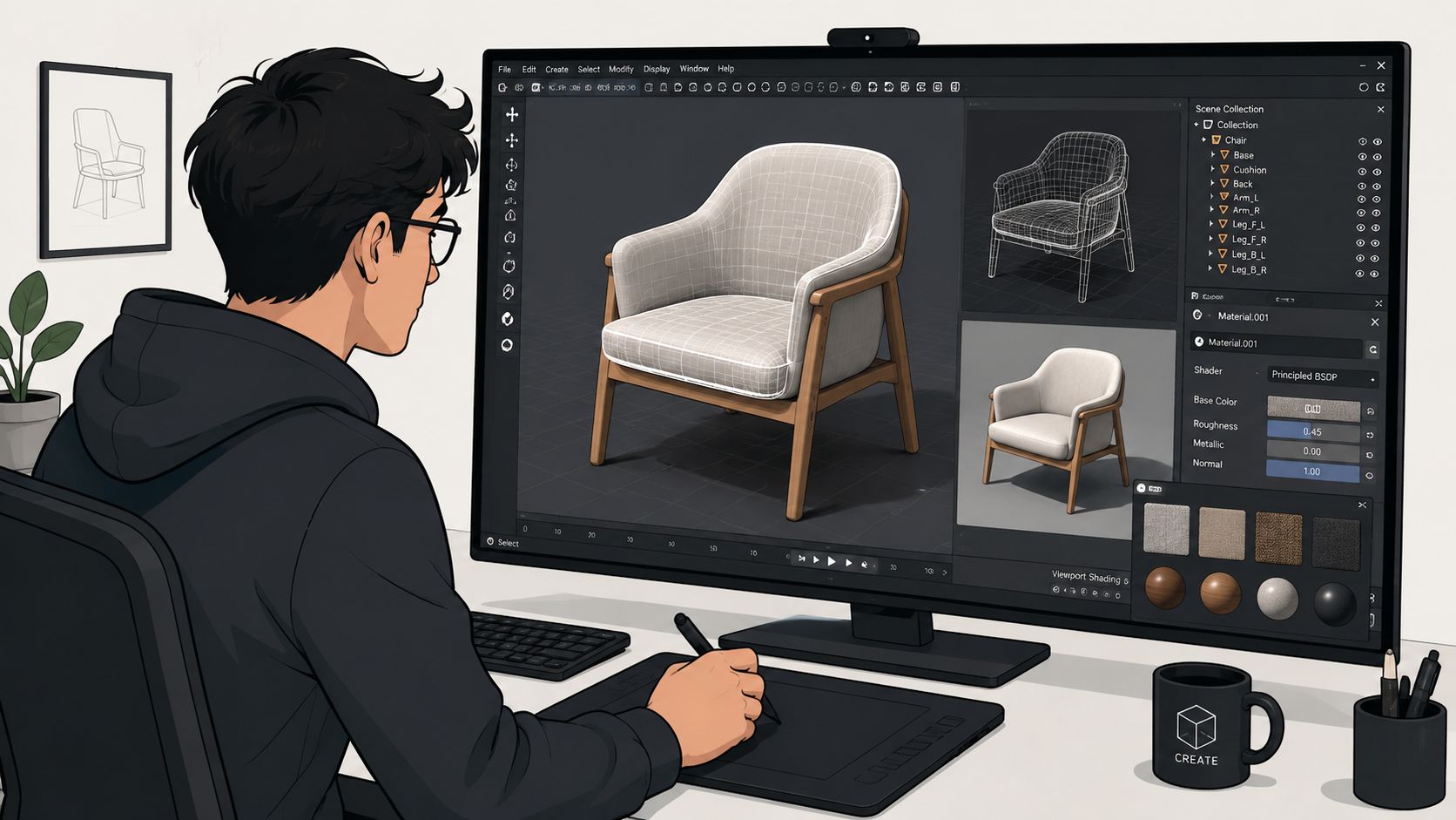 A digital artist uses a graphics tablet to design a 3D chair model on a computer monitor.