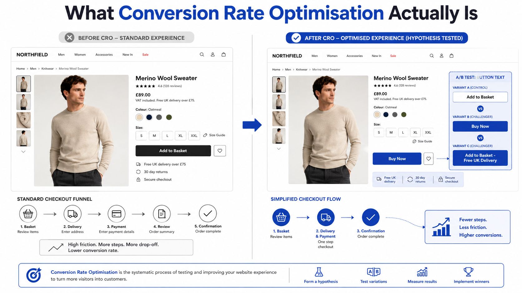 A diagram comparing a standard e-commerce user journey to an optimized conversion rate process flow.