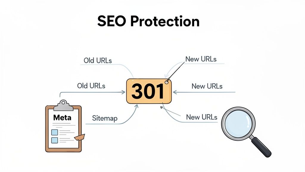 Diagram illustrating SEO protection using 301 redirects, linking old URLs to new URLs via sitemaps and meta.