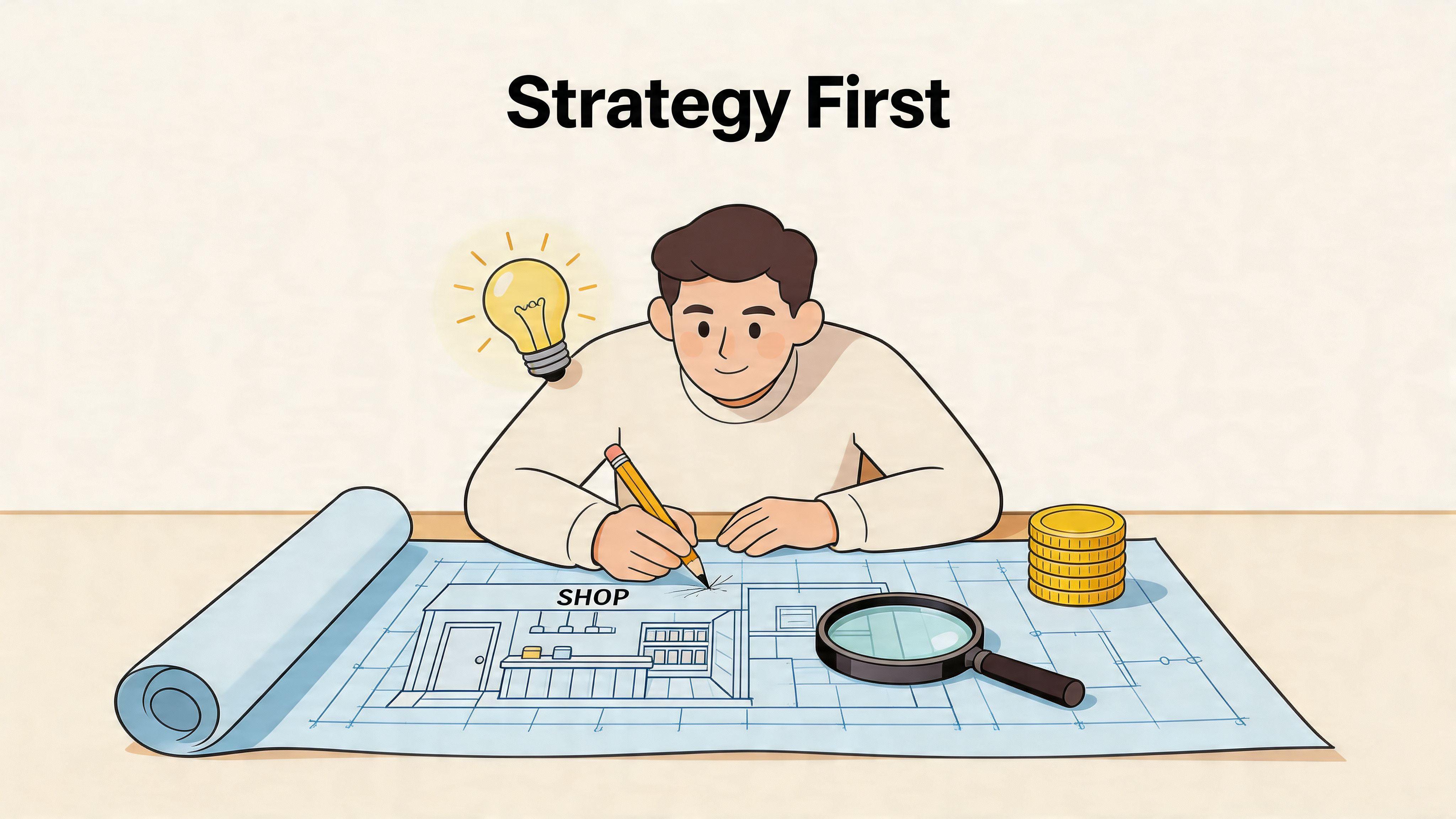 A person drawing a business plan for a shop with a lightbulb idea and coins on table.