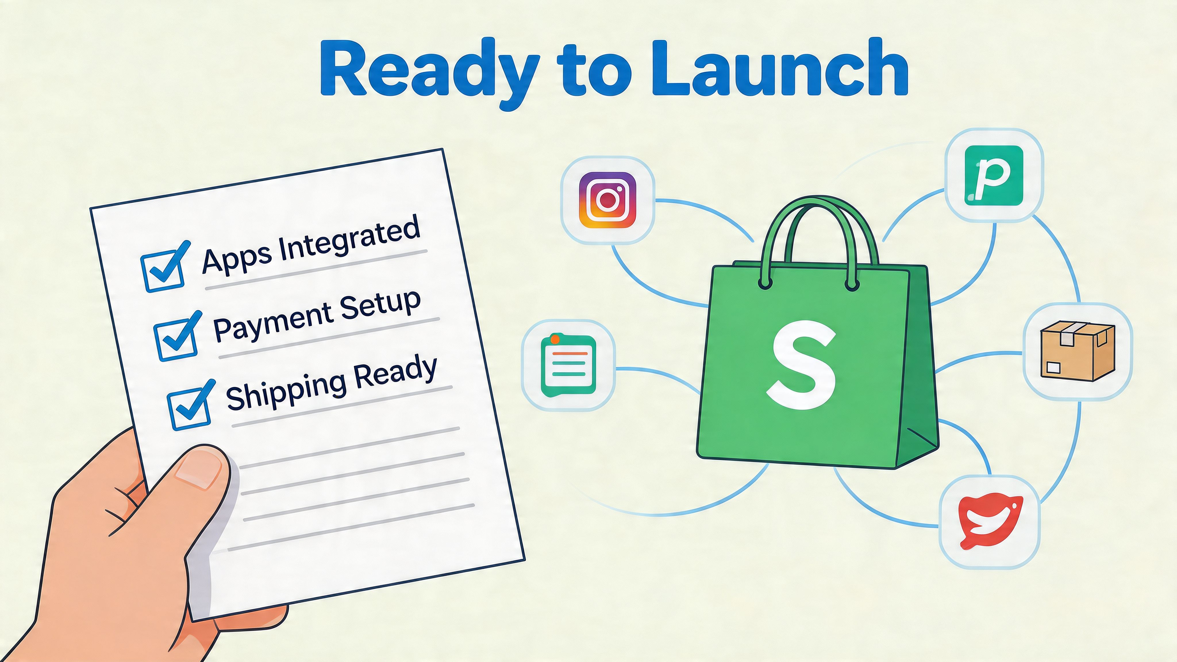 A hand holds a checklist showing apps, payments, and shipping are ready for a Shopify store launch.