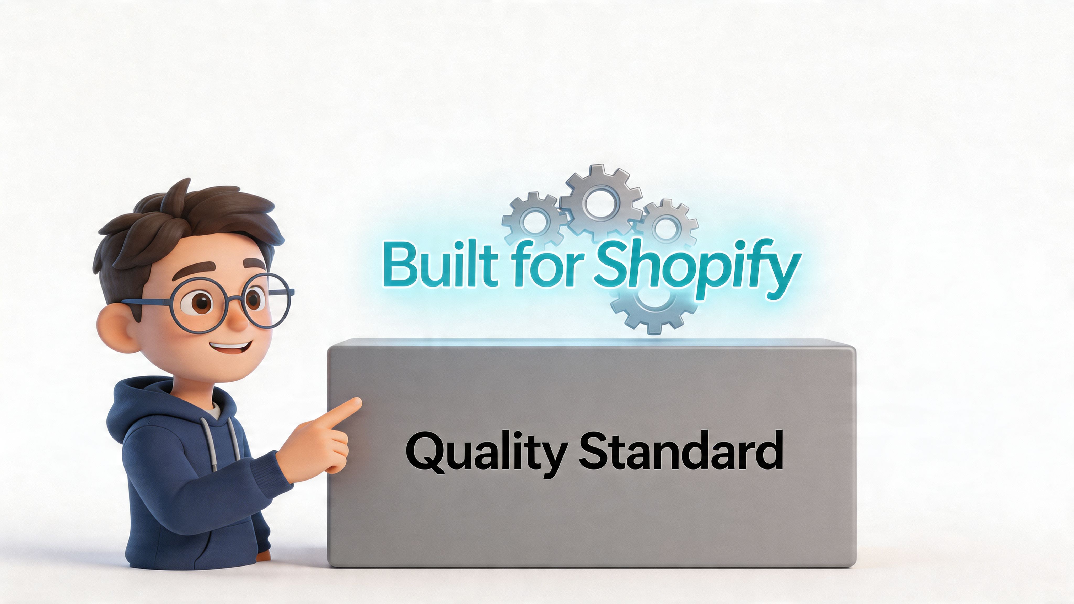 A 3D character pointing at a gray sign that says Quality Standard with gears and Built for Shopify text.