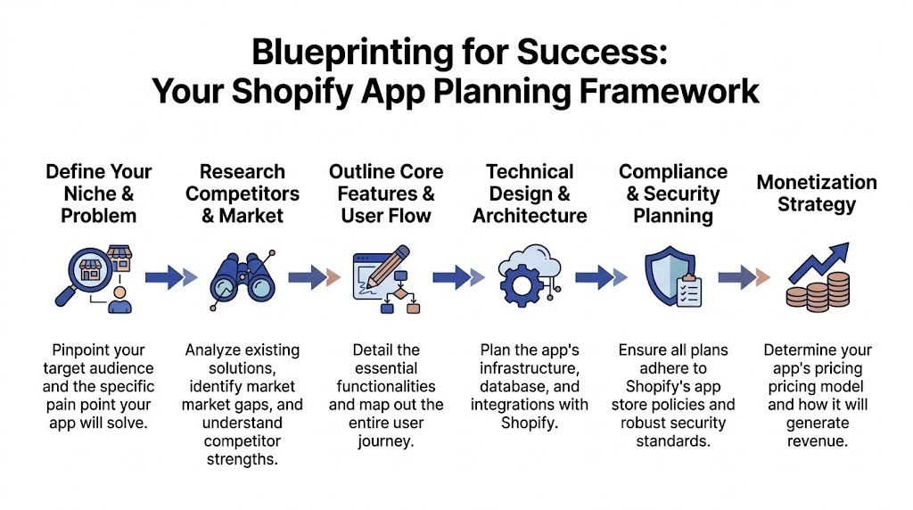 A process flow chart illustrating the six essential steps for planning a successful Shopify application development.
