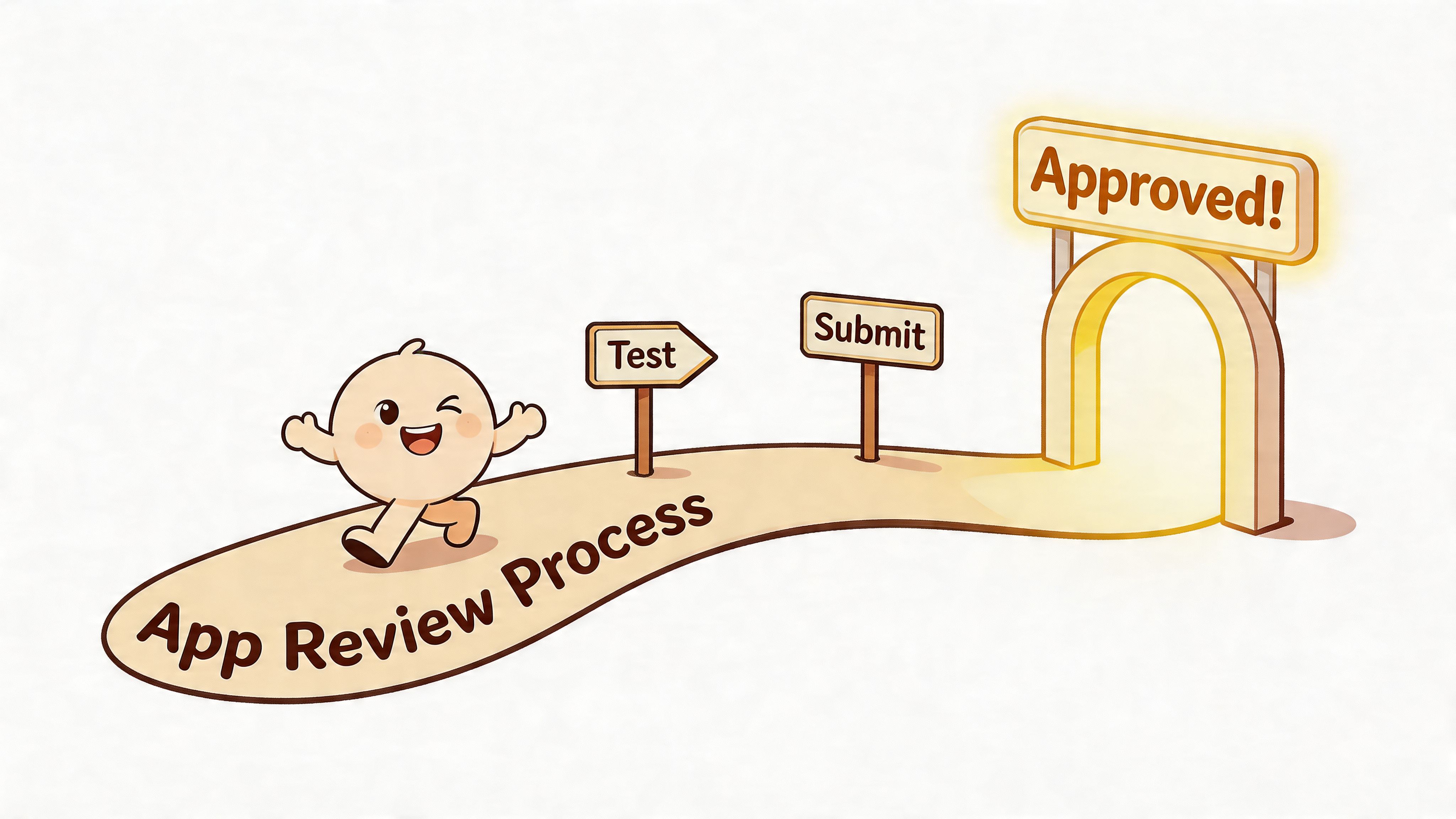 A cute cartoon character walking along a path toward an approved gateway for mobile app development.