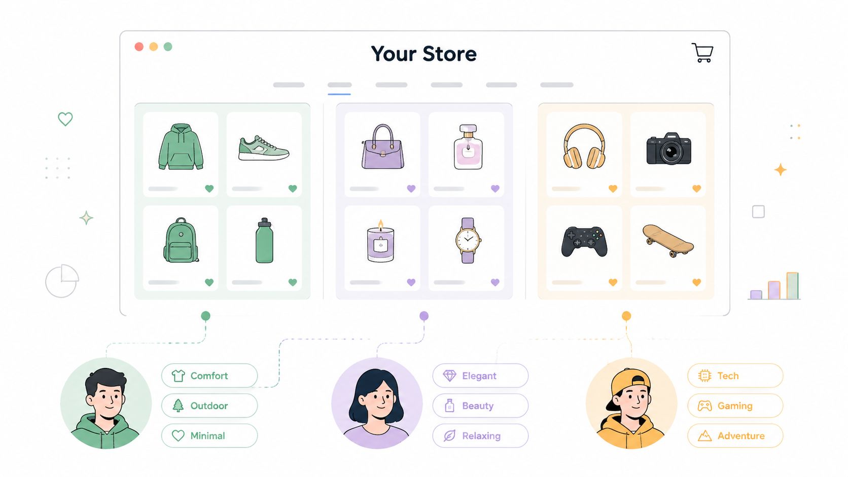 An illustration showing three customer personas connected to personalized product recommendations in an online store interface.