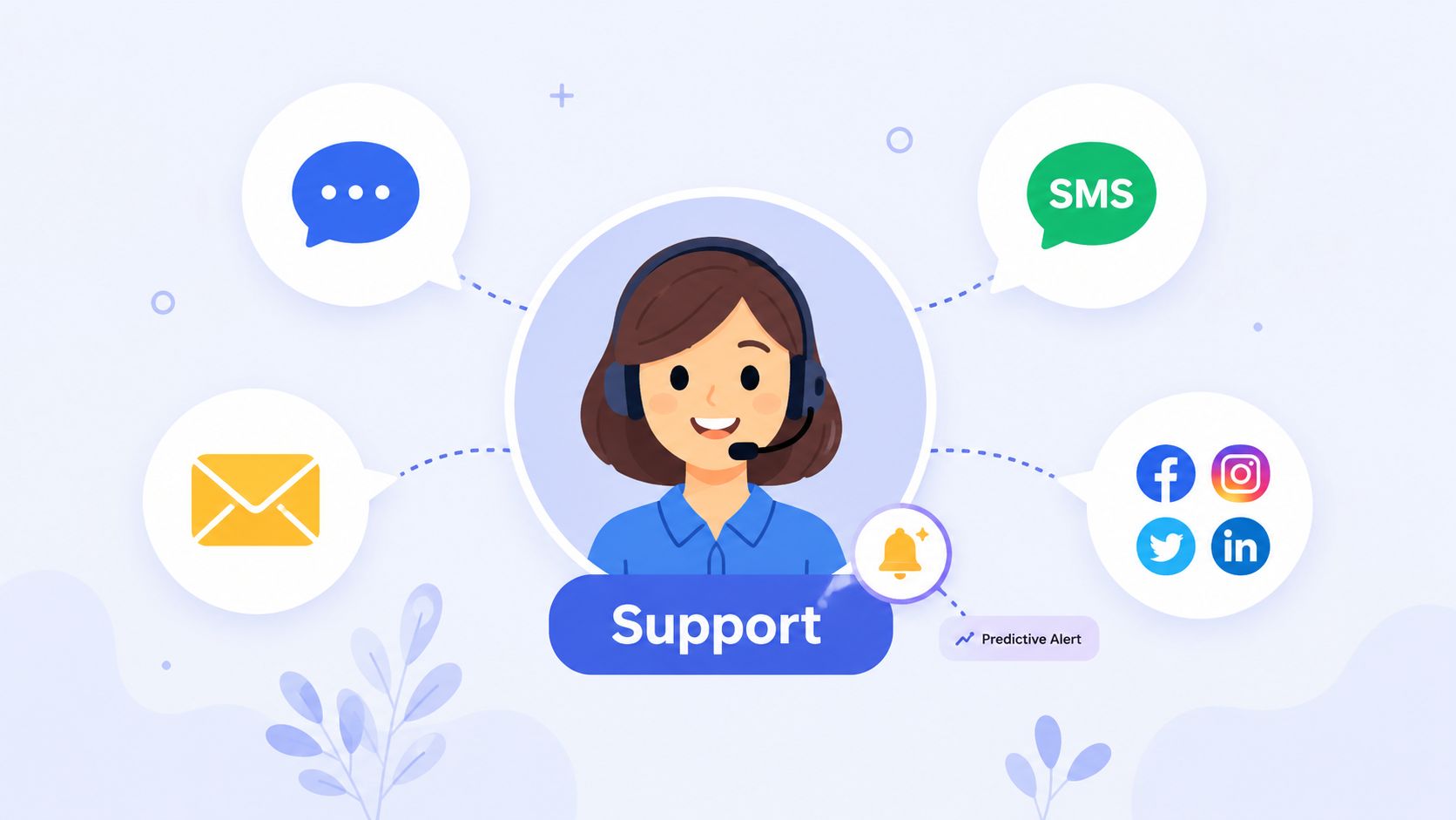 A friendly customer support agent surrounded by icons representing various communication channels like email, chat, and social media.