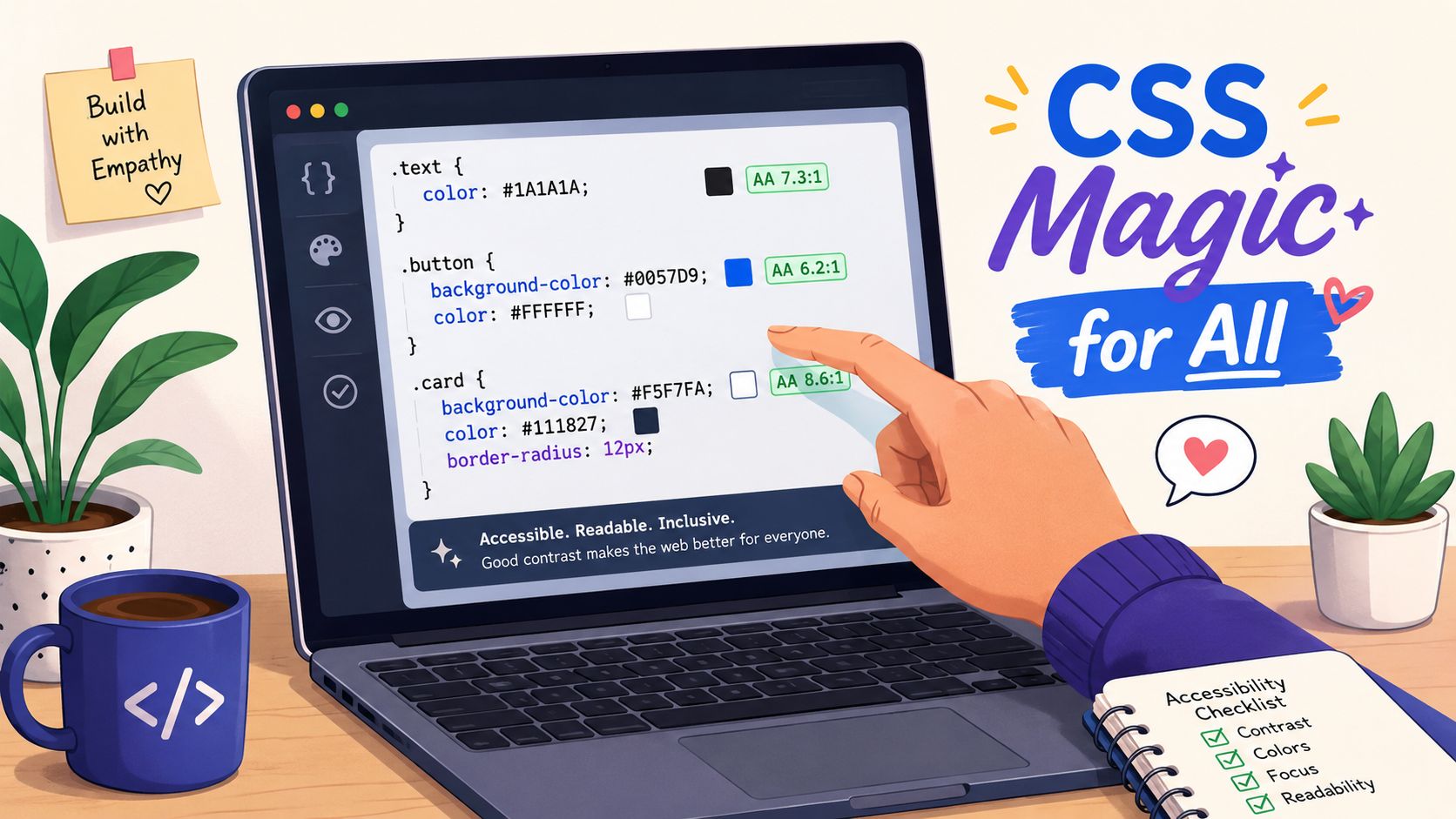 A hand pointing at code on a laptop screen displaying CSS properties for accessible web design.