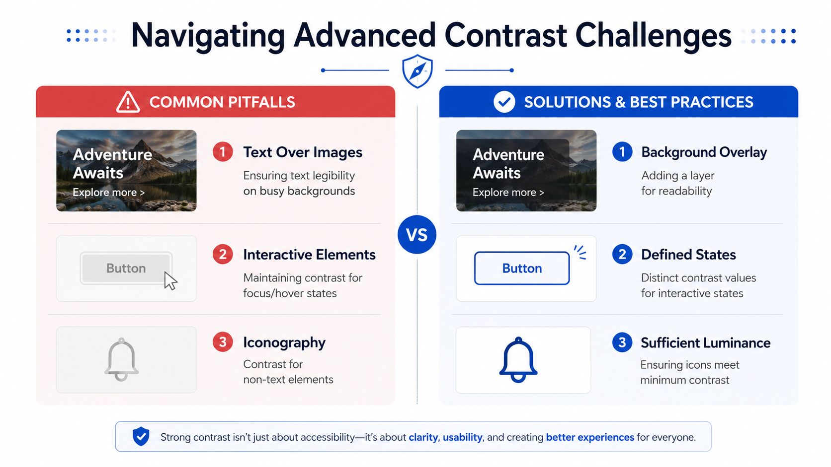 An infographic comparing common design pitfalls and best practices for improving color contrast and digital accessibility.