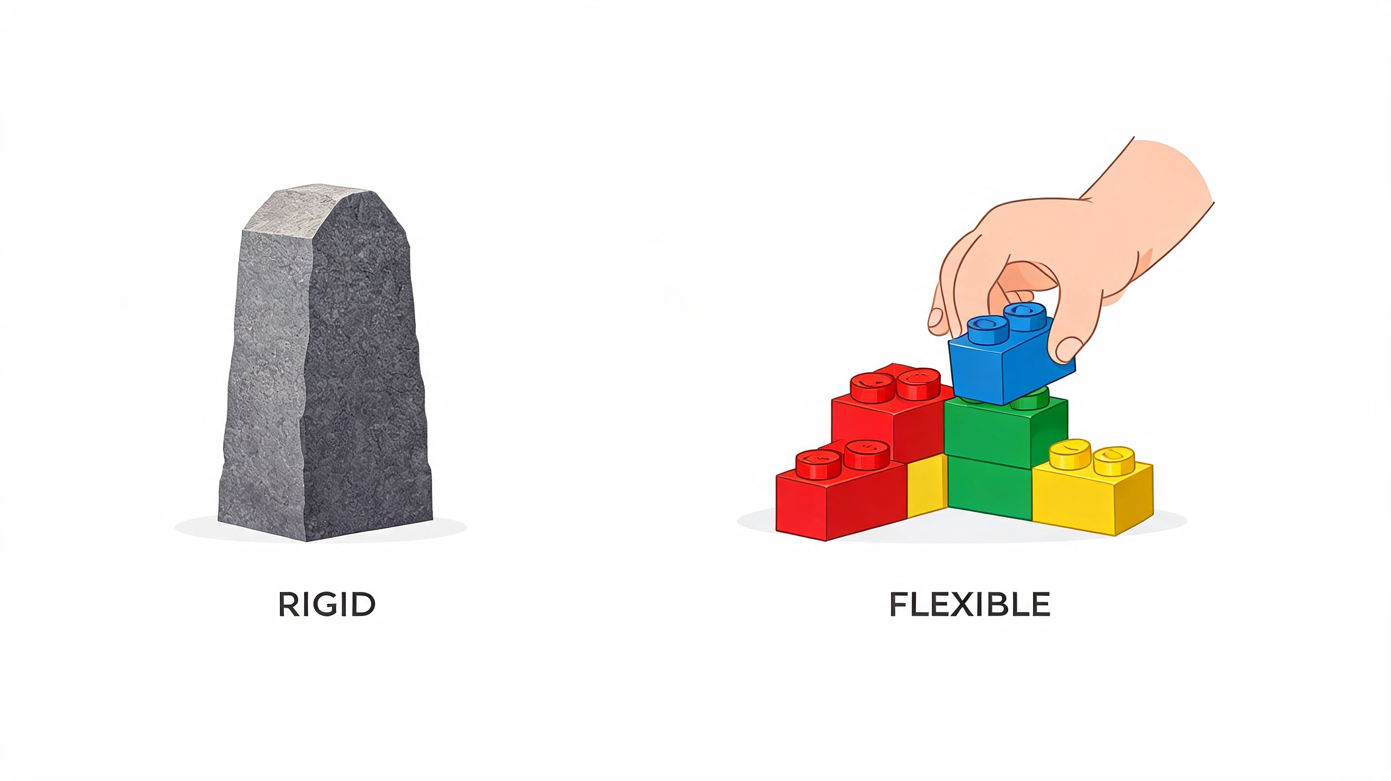 An illustration comparing a single rigid grey stone to a flexible structure made of building blocks.