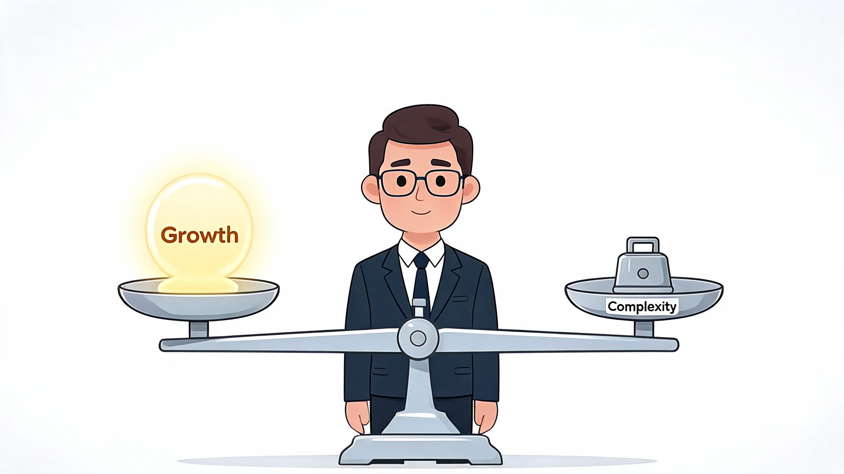 A professional businessman balancing a glowing growth sphere against a heavy weight labeled complexity on a scale.
