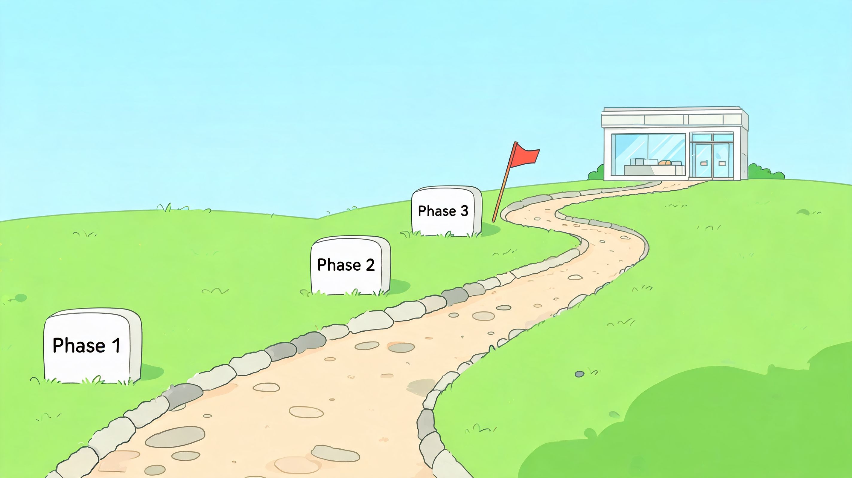 An illustrated path with three milestones labeled Phase 1, Phase 2, and Phase 3 leading to a modern building.