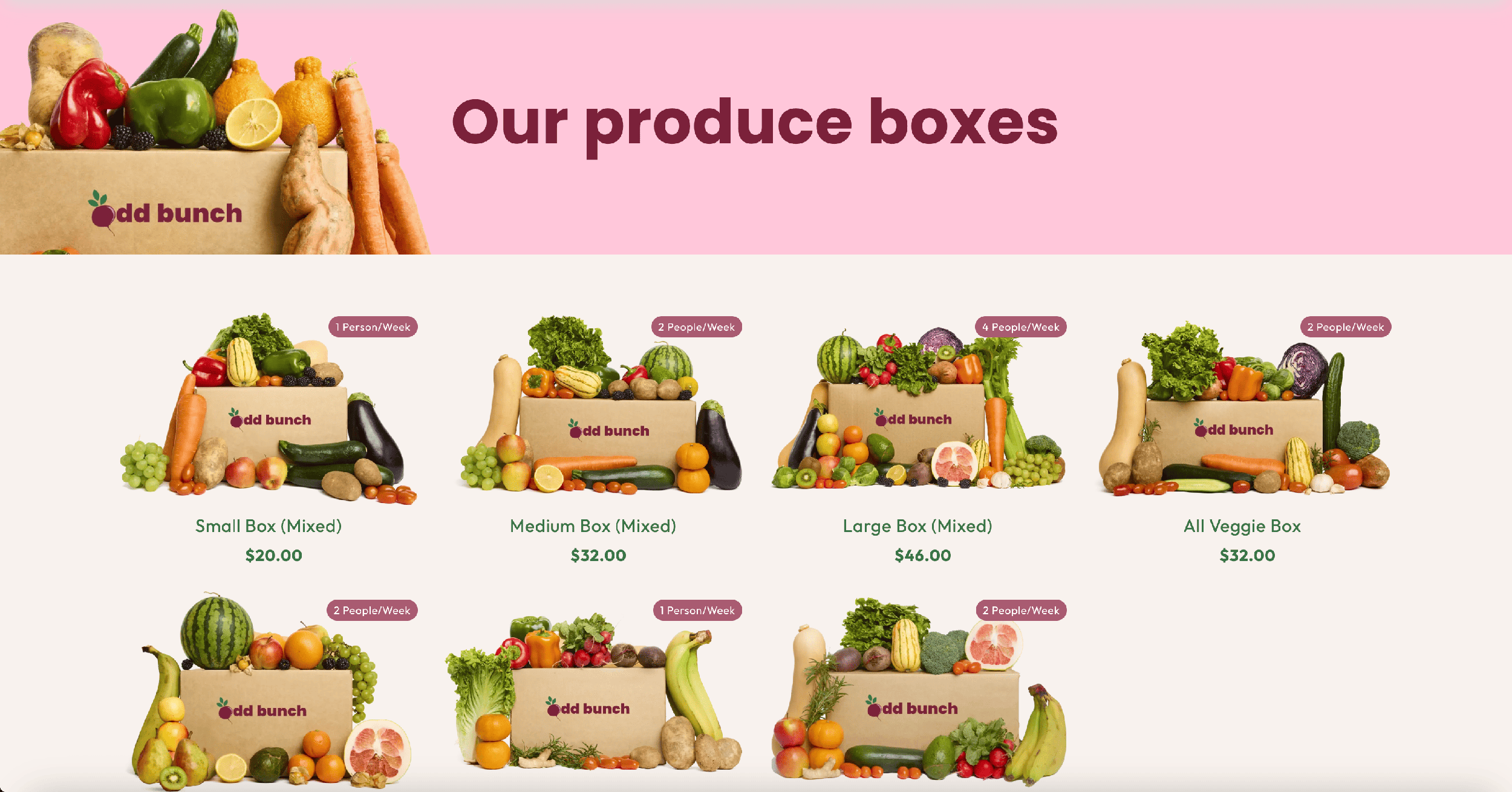 Odd Bunch produce boxes collection page showing seven size options, two‑tone background and price badges