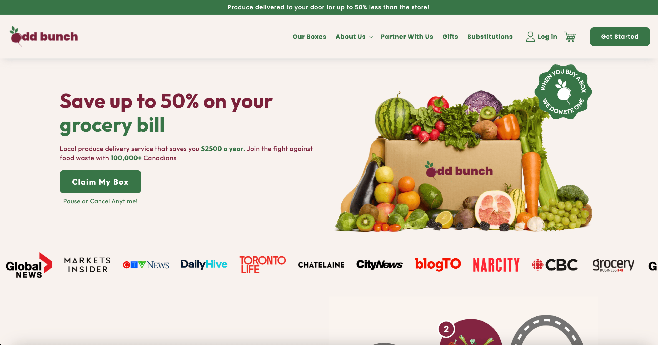 Odd Bunch home page hero featuring colorful produce box, savings headline and a single Claim My Box button