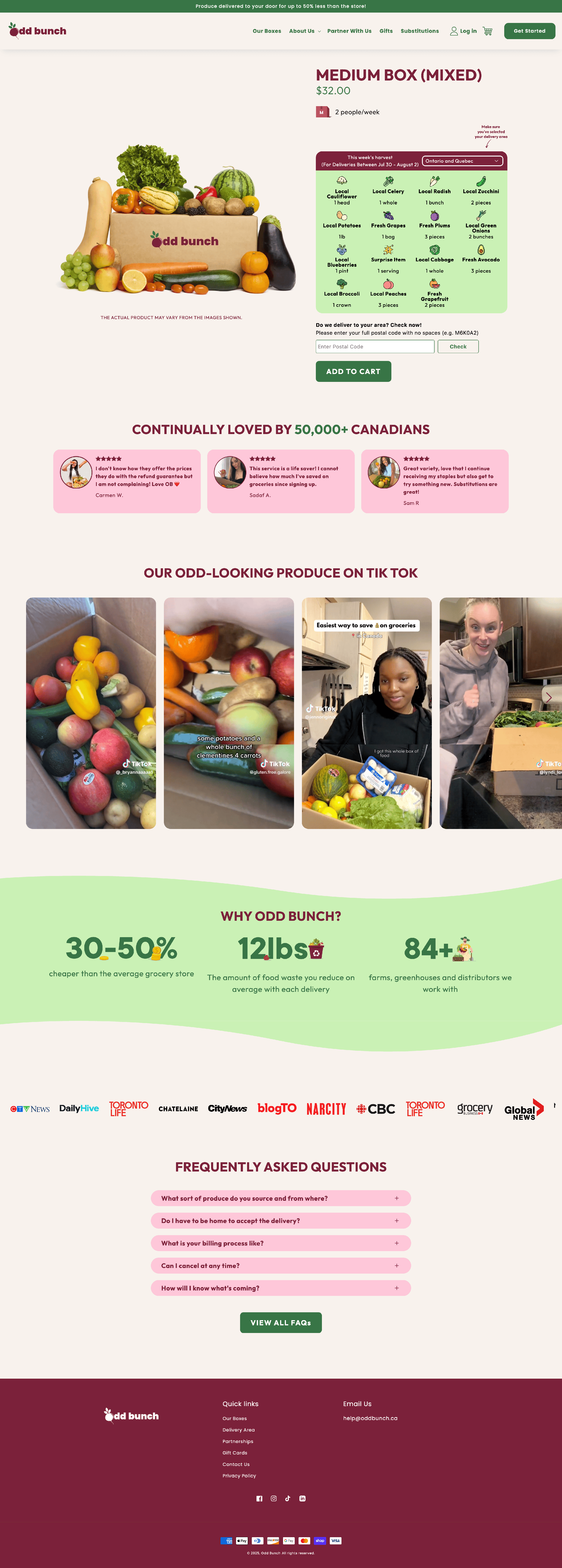 Odd Bunch Medium Box product page with produce image, weekly harvest table and postal code eligibility widget