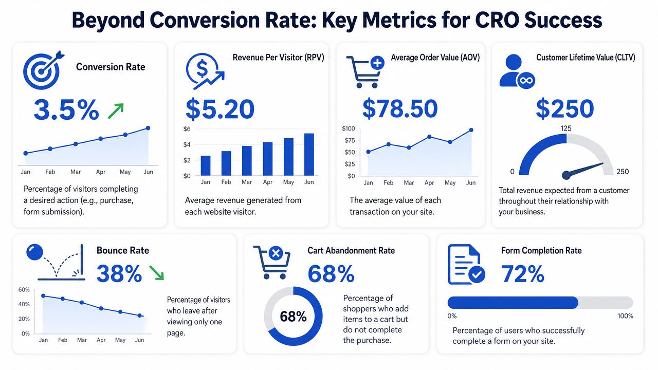An infographic showing seven key metrics for conversion rate optimization, including conversion rate, revenue per visitor, and bounce rate.