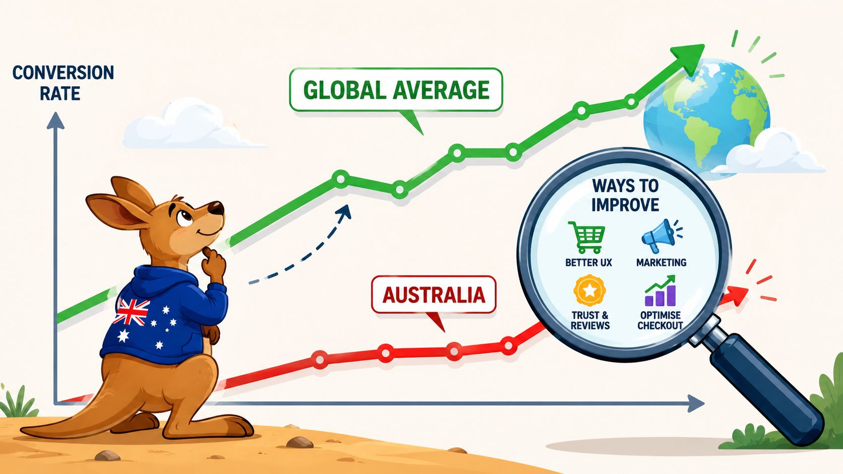 An Australian kangaroo looks at a chart comparing global average conversion rates with Australian trends.