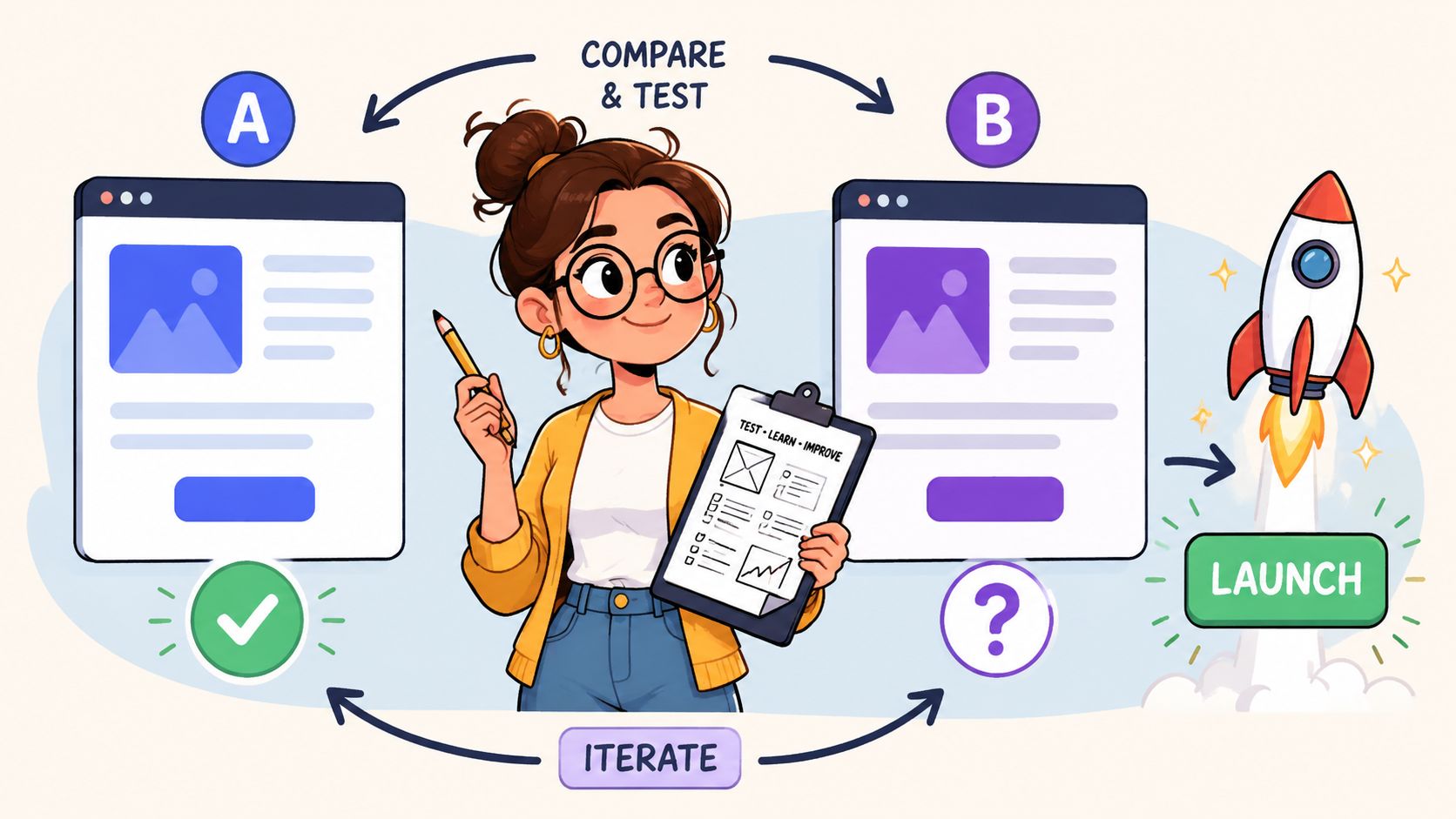 A character holding a clipboard comparing A and B website layouts to improve conversion rates for product launches.