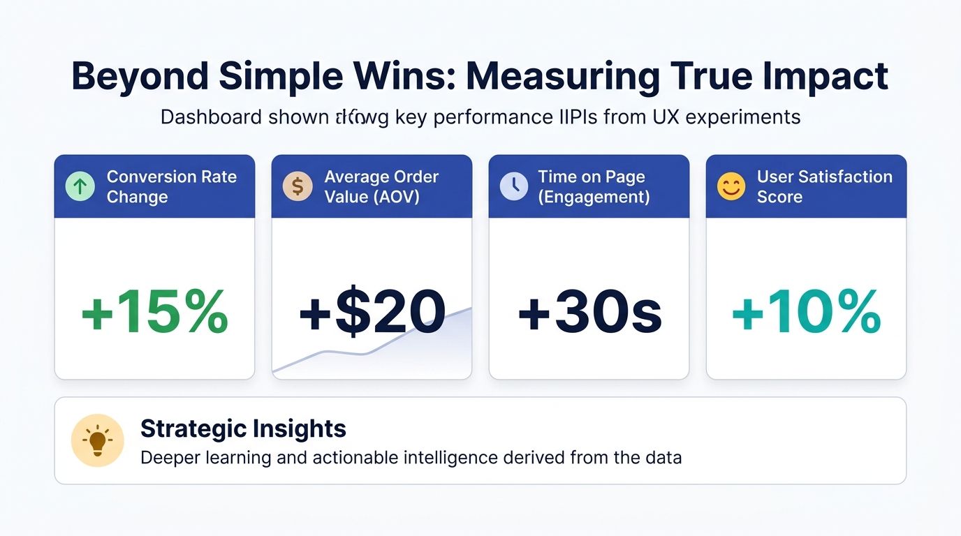 A dashboard display showing positive performance metrics including conversion rate, average order value, engagement time, and satisfaction.