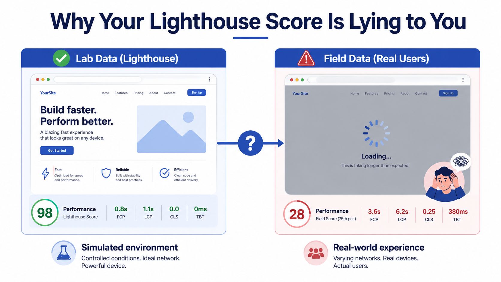 A comparison graphic showing high Lighthouse lab scores versus poor real-world field data performance metrics.