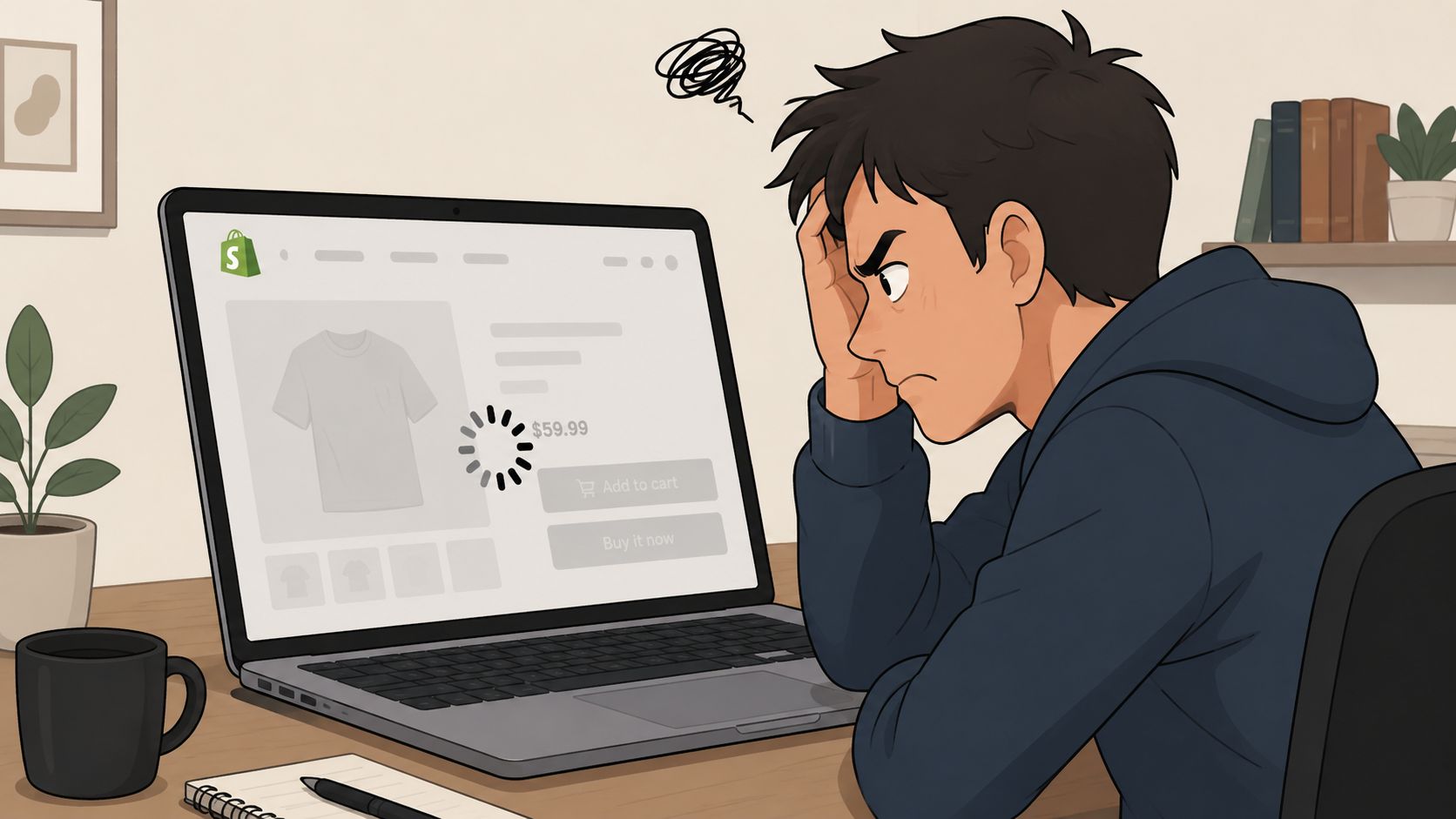 A frustrated person looking at a loading website on a laptop screen while working at a desk.
