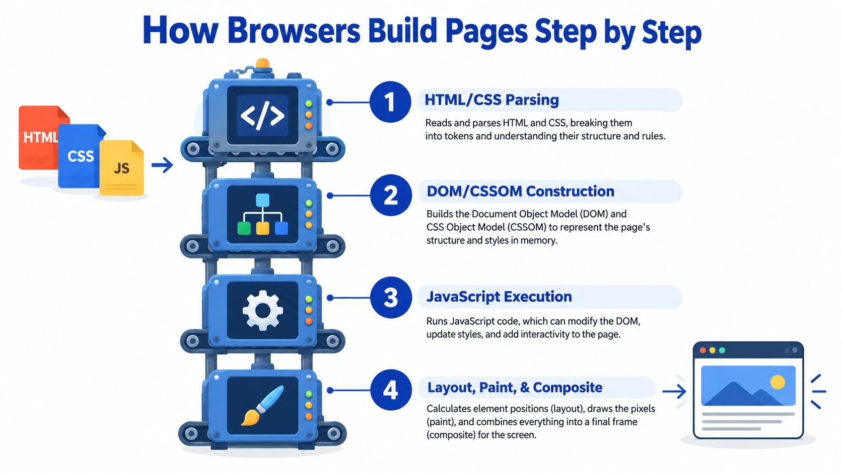 A diagram illustrating the step-by-step process of how web browsers render pages, from parsing to painting.