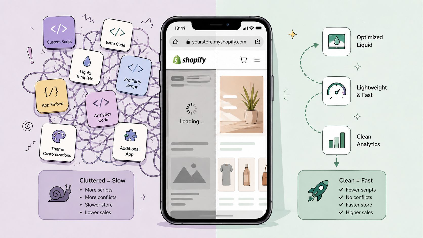 A split image comparing a slow, cluttered Shopify store on the left with a fast, optimized version on the right.