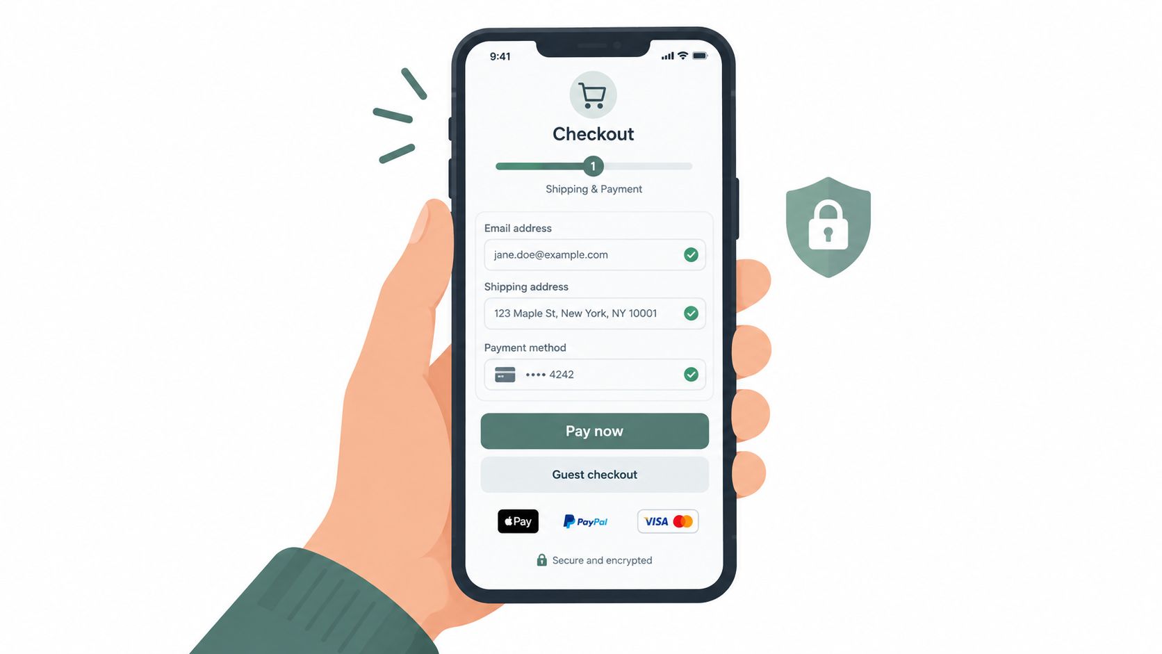 A hand holding a smartphone displaying a secure mobile checkout page with payment and shipping information fields.