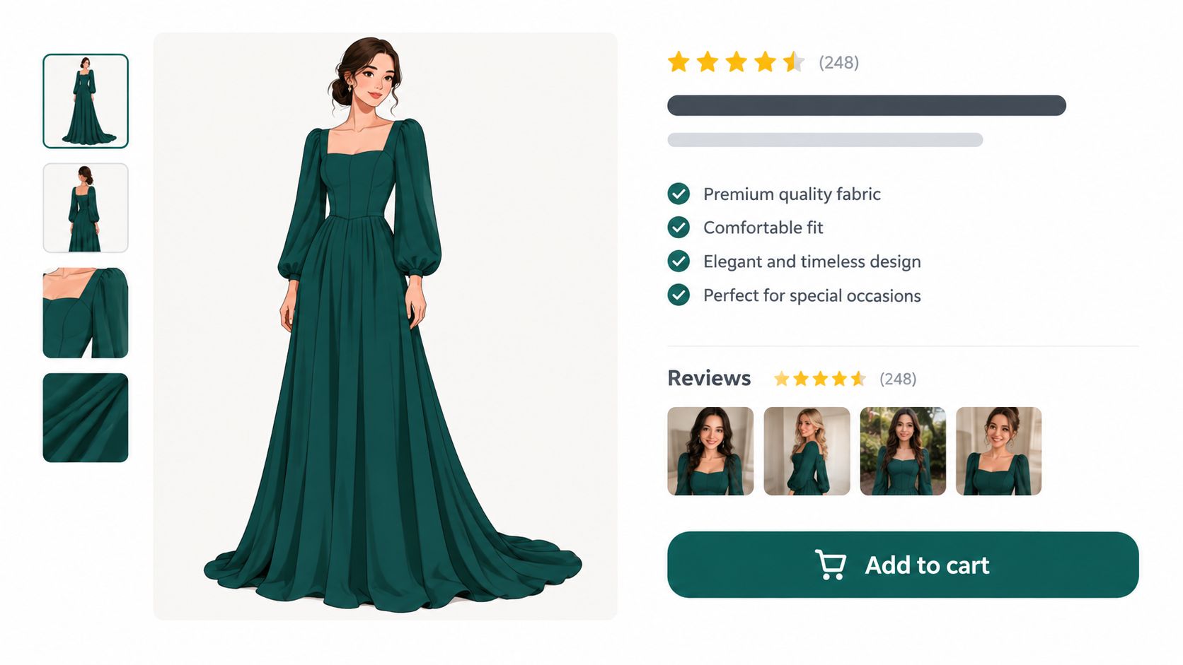 A digital fashion illustration of a woman wearing an elegant long-sleeved forest green evening gown.