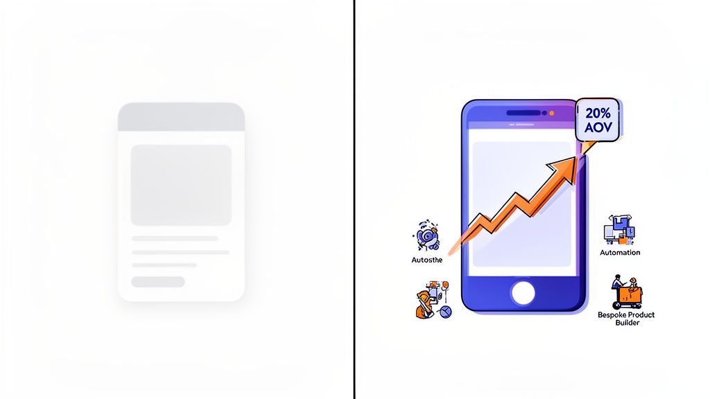 A custom mobile app screen showing 20% AOV growth with automation and product builder tools.