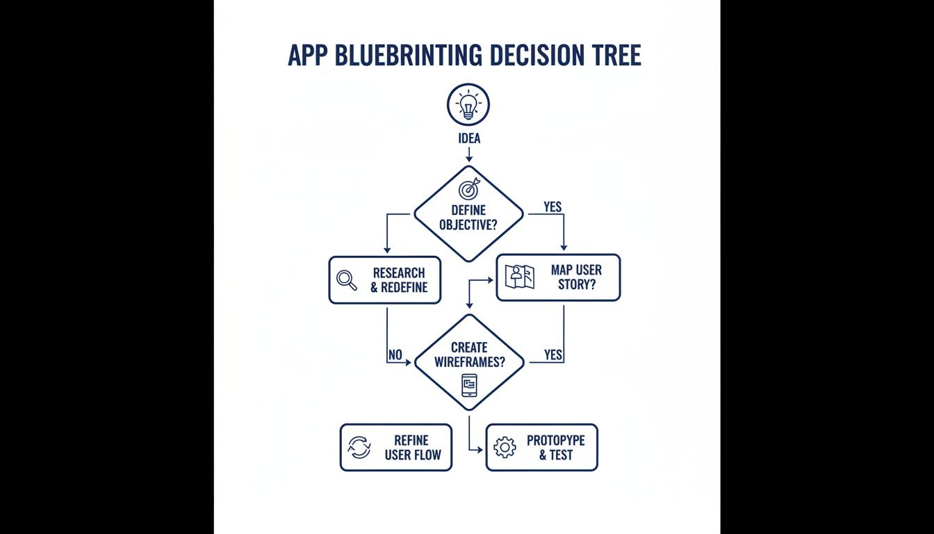 A flowchart detailing the app blueprinting decision tree process, from idea to prototyping and testing.