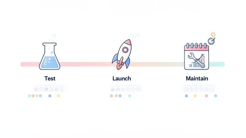 A graphic illustrating a three-step process: Test with a flask, Launch with a rocket, and Maintain with a calendar and tools.
