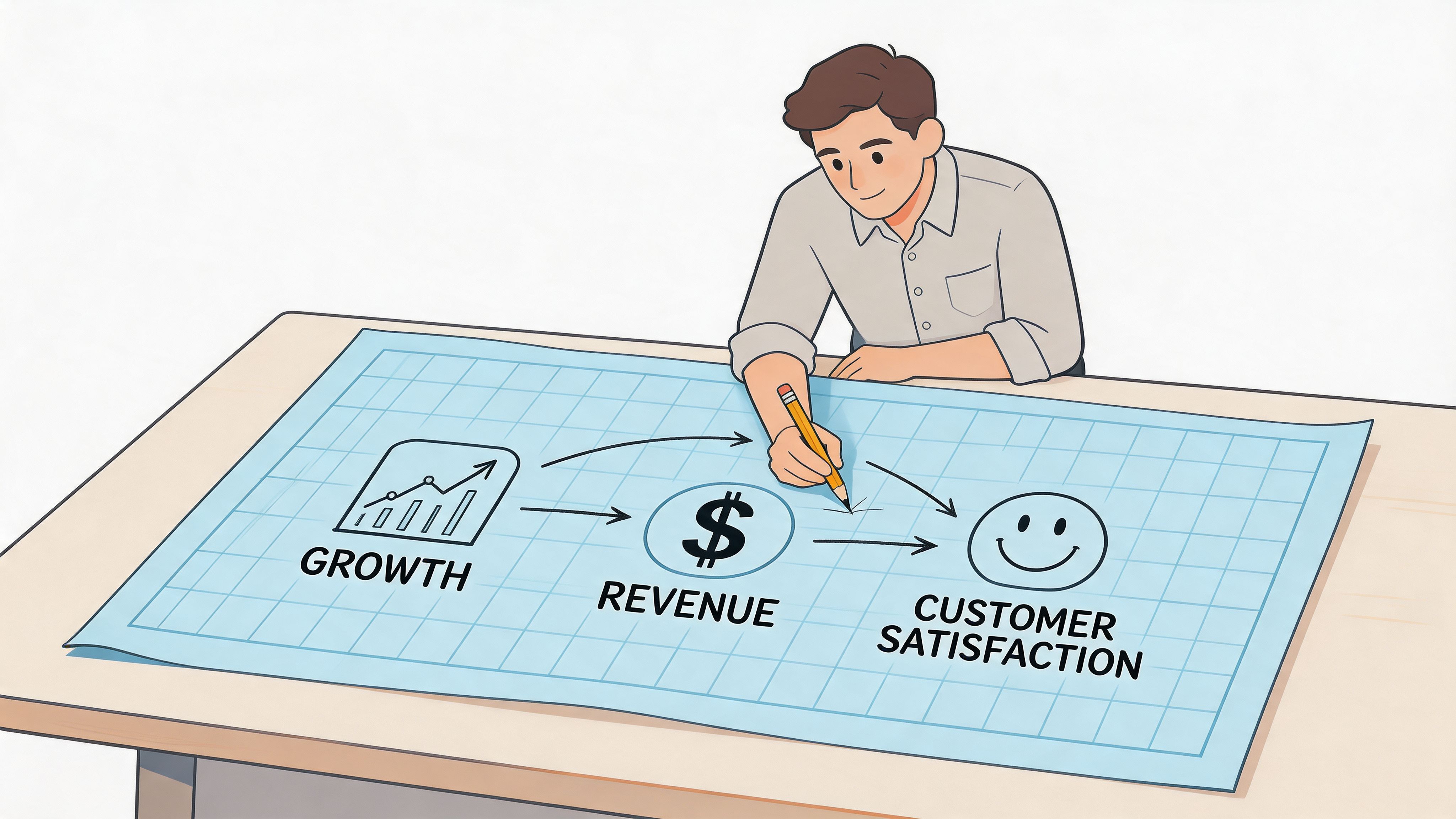 A businessman drawing a growth, revenue, and customer satisfaction diagram on a blueprint for business planning.