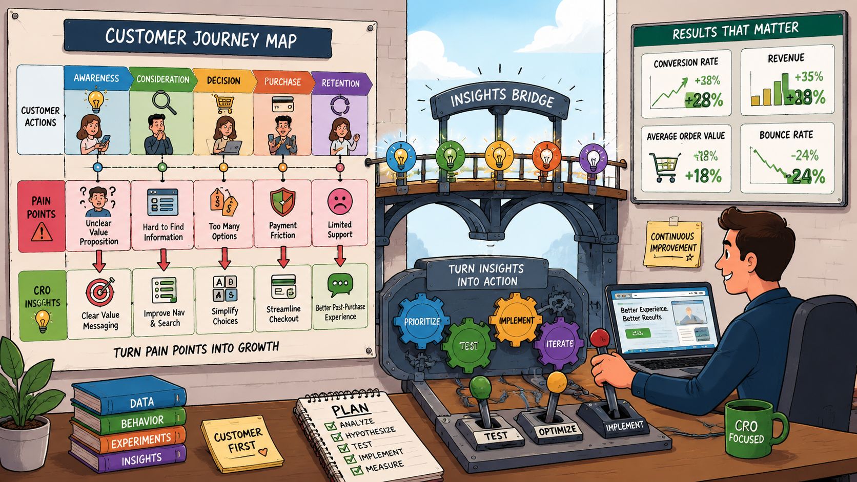 An illustrated workspace showing a customer journey map leading to business growth and conversion rate optimization metrics.
