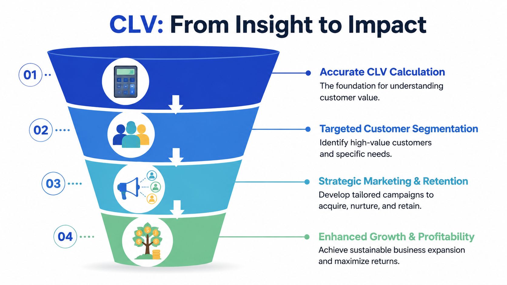 A funnel infographic illustrating the four stages of moving from CLV calculation to business growth and profitability.