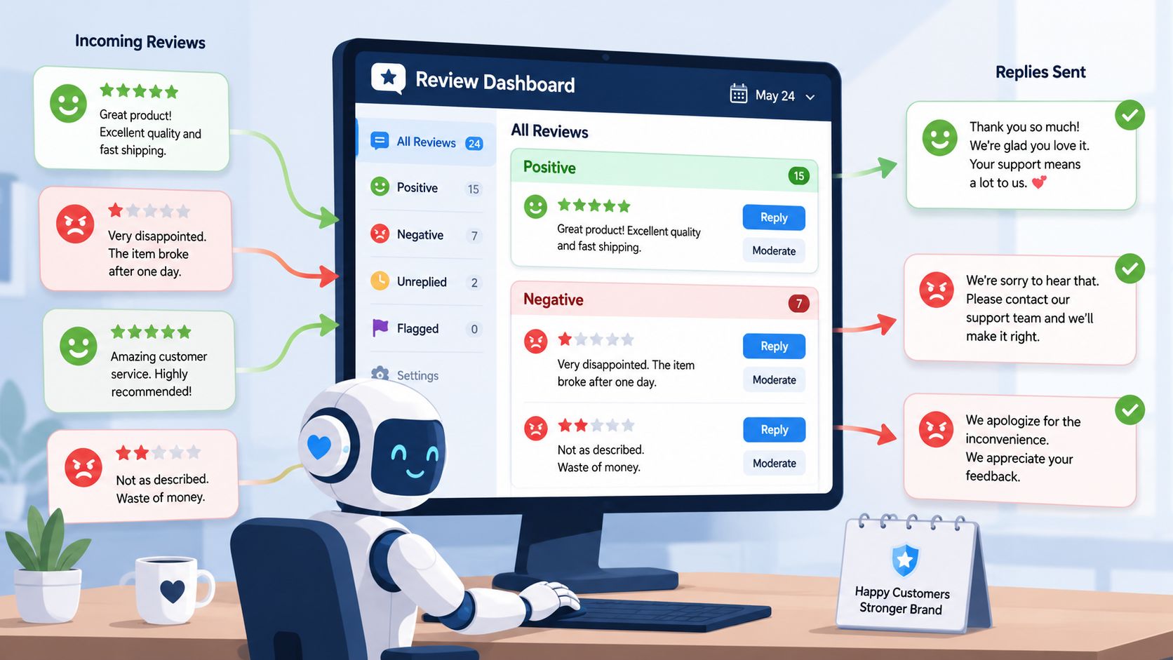 A robot managing incoming and outgoing customer reviews on a digital dashboard display.