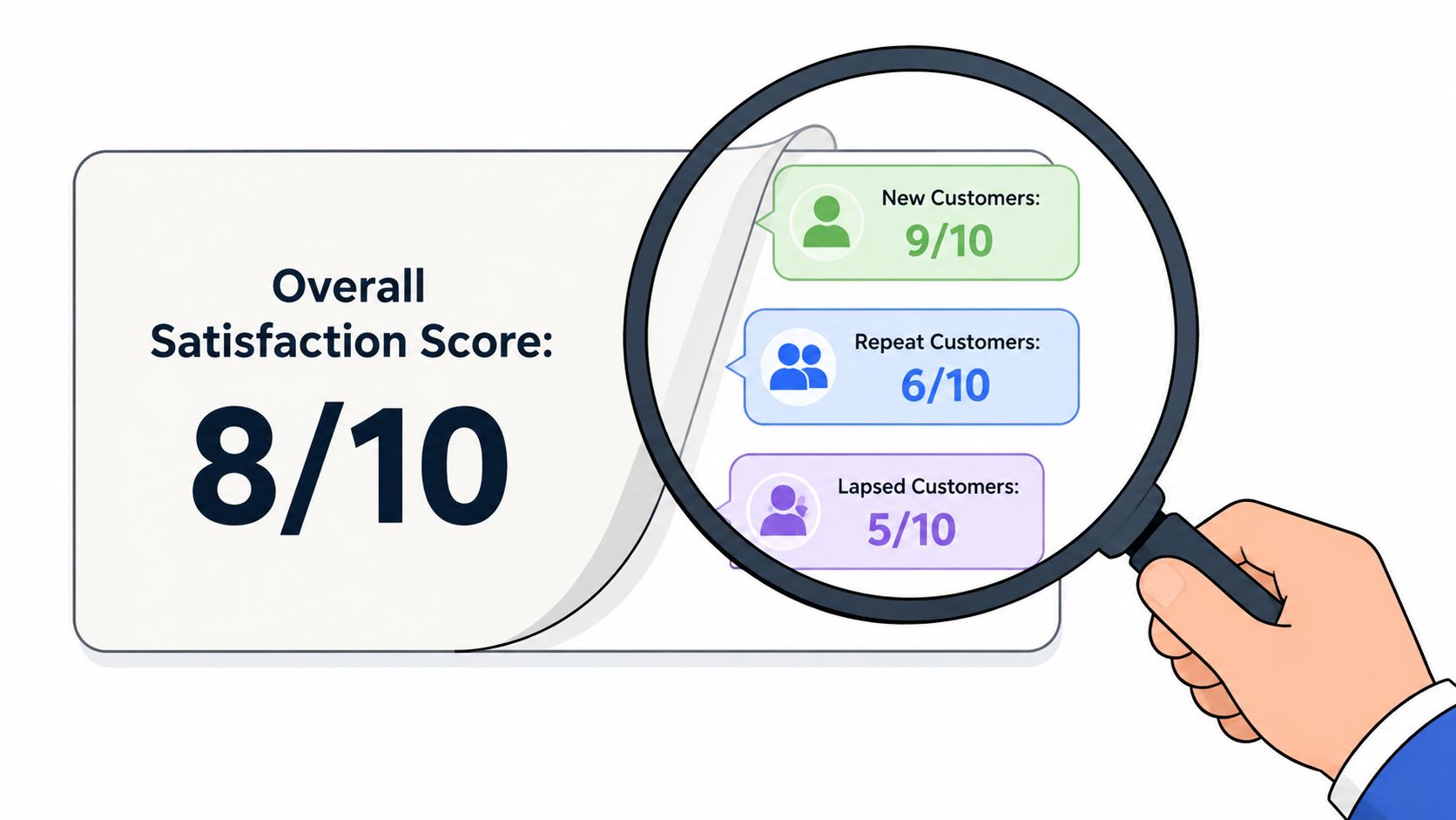 A magnifying glass analyzing customer satisfaction scores for new, repeat, and lapsed customer segments on a report.