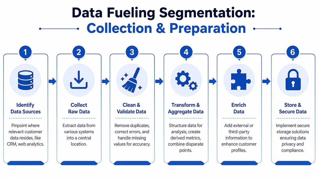 A six-step infographic showing the data collection and preparation process for customer segmentation strategies.