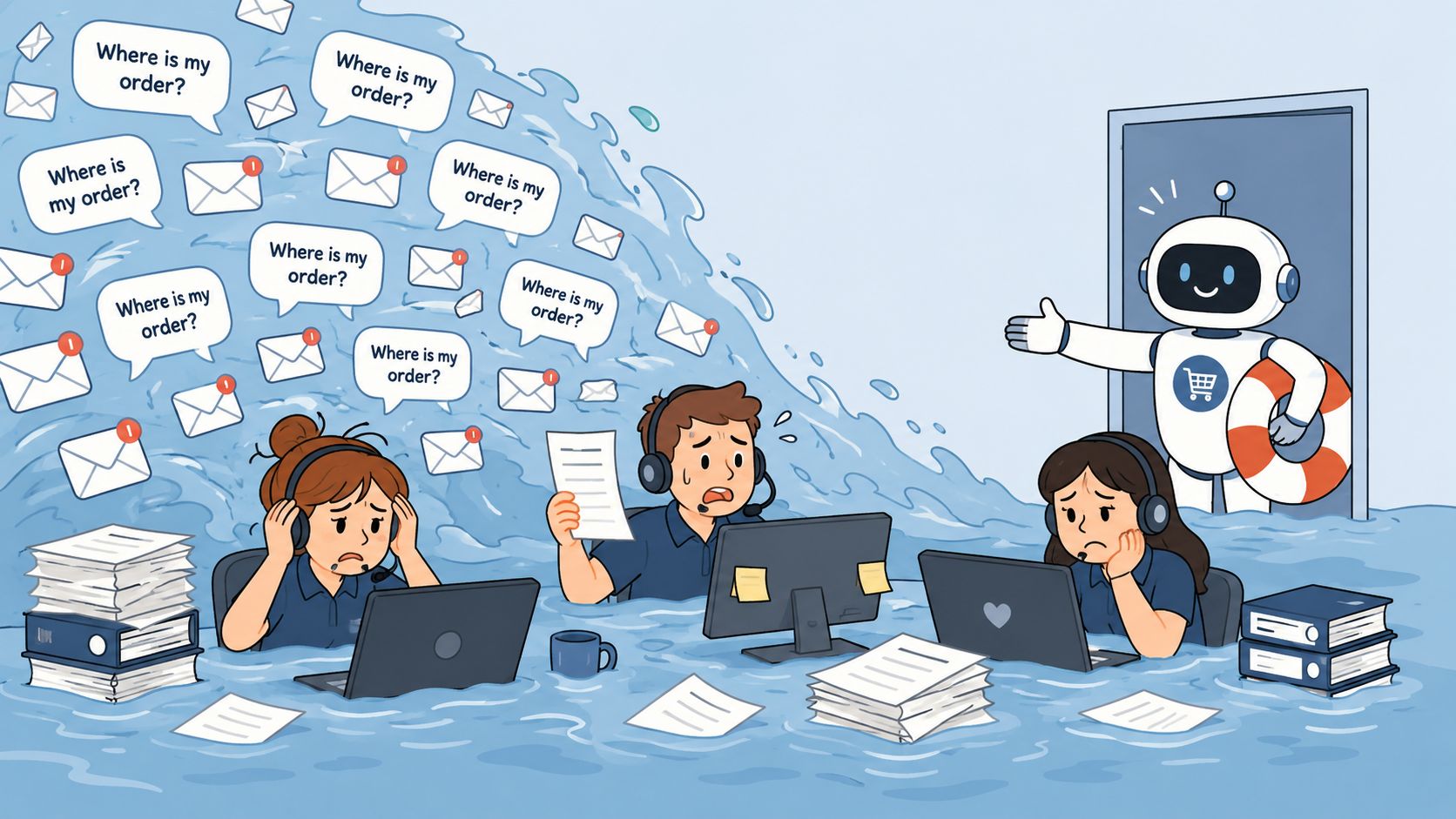 Stressed customer service team drowning in a wave of inquiries while a robot offers assistance.
