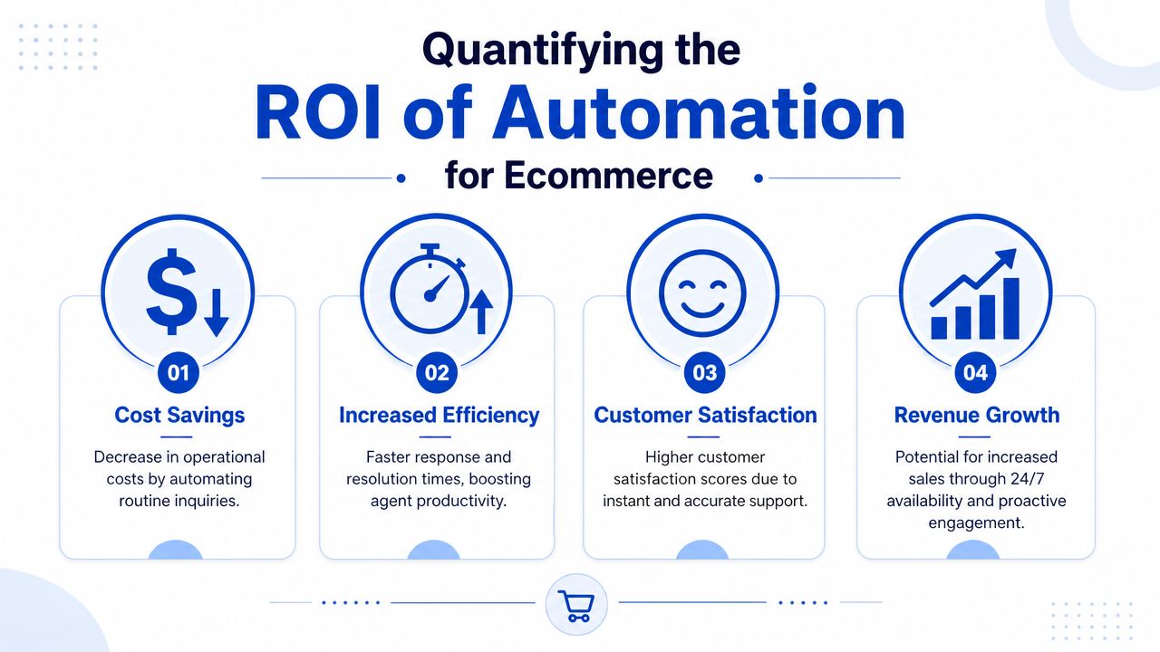 An infographic detailing the ROI of customer service automation for ecommerce, highlighting cost savings, efficiency, satisfaction, and growth.